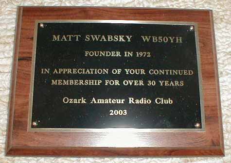 Plaque Presented To Matt, WB5OYH