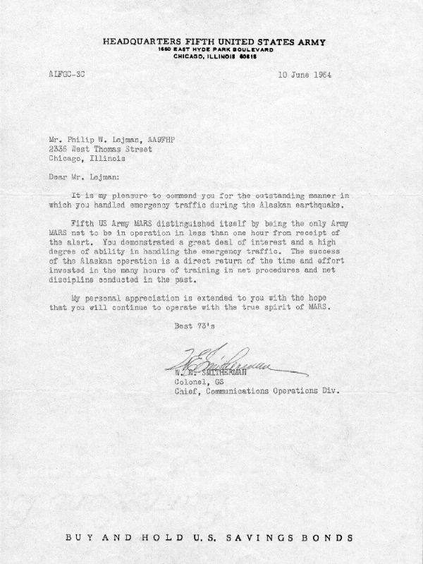 1964 Alaskan earthquake commendation letter