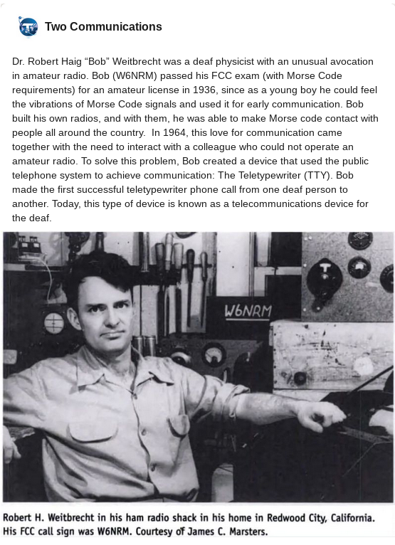 W6NRM Inventor for the Telephone TTY and the acoustically coupled modem