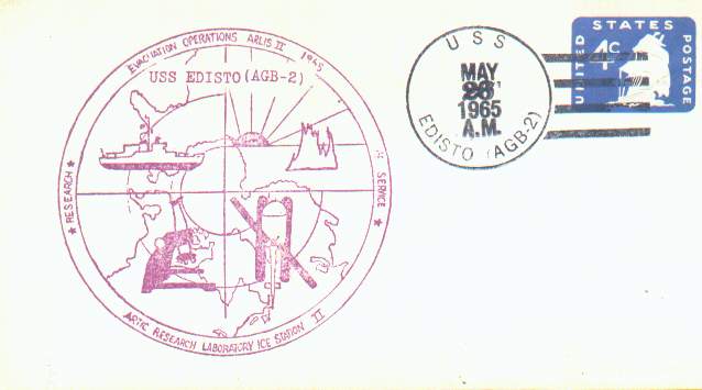 Scan of cover for the evacuation operations of the Floating Ice Station ARLIS II, postmarked aboard the U.S.S. Edisto, AGB-2.