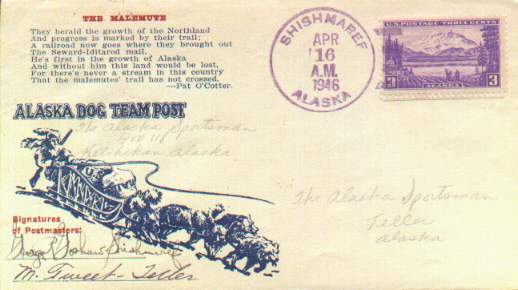 Dog sled cover postmarked at Shismaref, Alaska, and signed by two postmasters.