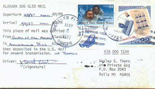 Dog Team cover postmarked at Bettles Field, Alaska in 1987.