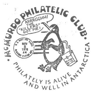 Close-up of the McMurdo Philatelic Club cachet applied to outgoing mail at McMurdo Station Antarctica, circa 1973.