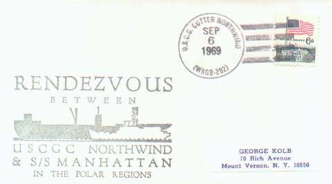 Philatelic cacheted cover noting the rendezvous of the USCGC Northwind and the oil tanker S.S. Manhattan, in arctic waters, 1969.