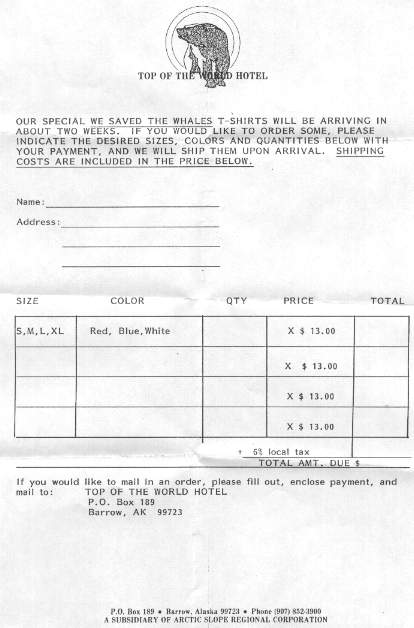 Scan of the order form for "We Saved the Whales" T-shirts from 1988.