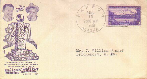 Cacheted cover from the Wiley Post-Will Rogers Memorial Expedition, postmarked at Barrow, Alaska.