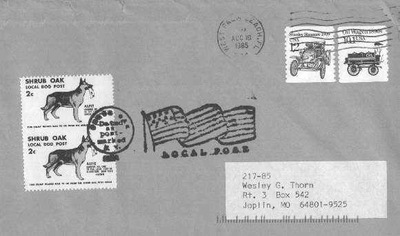 1985 Shrub Oak Local Post cover (approximately actual size) franked with two Dog Post stamps, postmarked in West Palm Beach, Florida; mailed by Herman Herst, Jr.