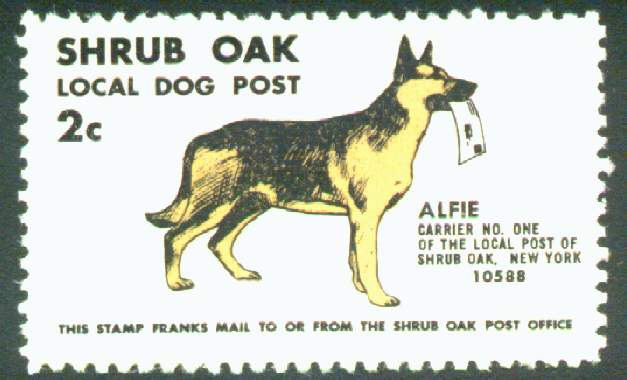 Approximate 6 times enlargement of the Shrub Oak Local Dog Post stamp.