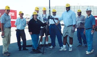 18' tower, Left-to-Right: Rudi Wiedemann, Mark Stoering, Nancy Peterson, Jim Lewis, Ken Thomas, Dave Levy, Gerald Blackstar, Doug Stinson, Mike Fung. Photo by Jan Giovannini-Hill.