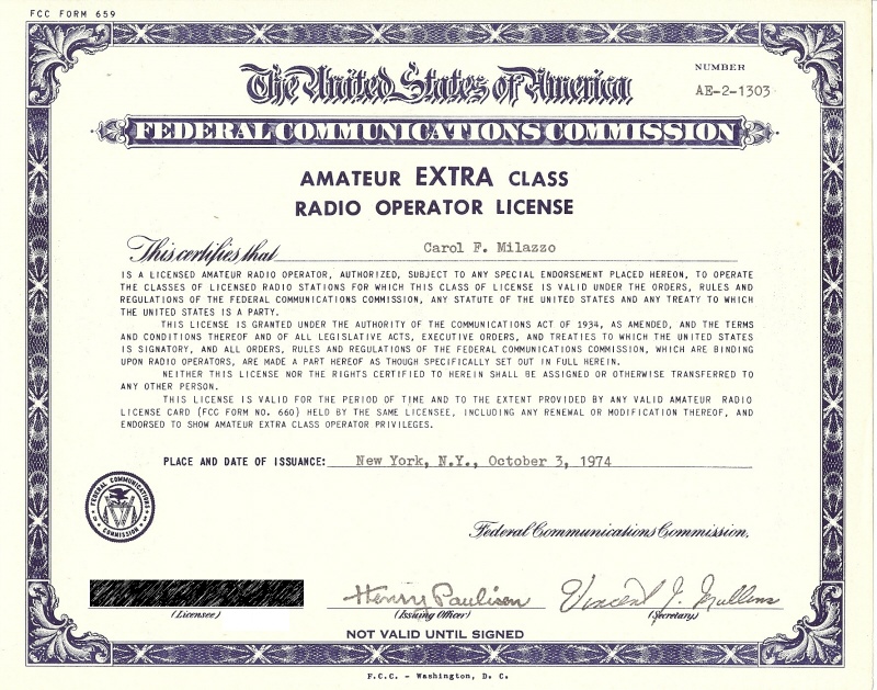 KP4MD Amateur Extra Radio Operator License, 10/3/1974