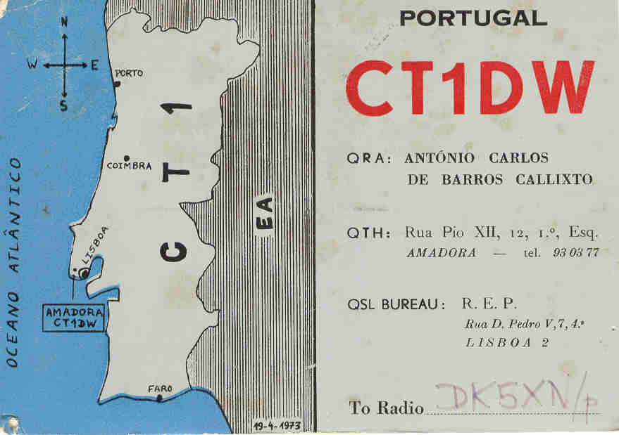 One of the first CT1DW QSL cards, 1973