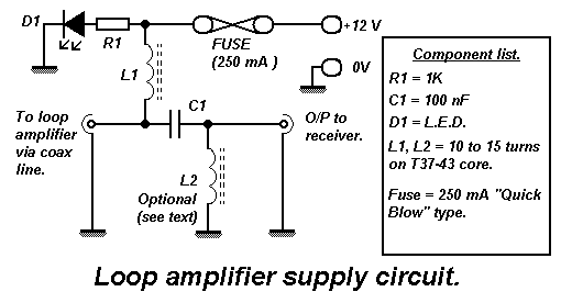 Loop amplifier "Power down the coax" supply circuit.