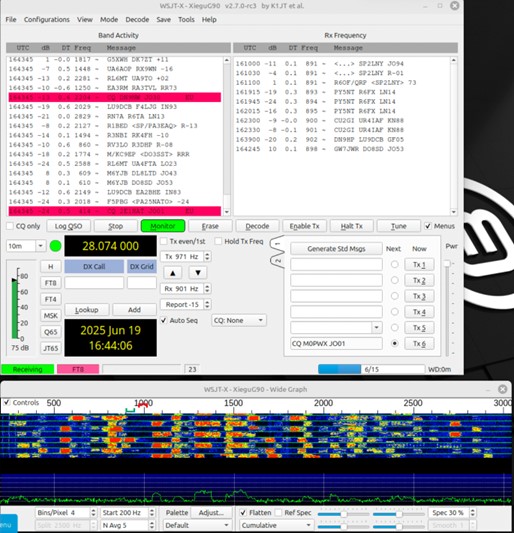 WSJT-x with decodes and waterfall with signals
