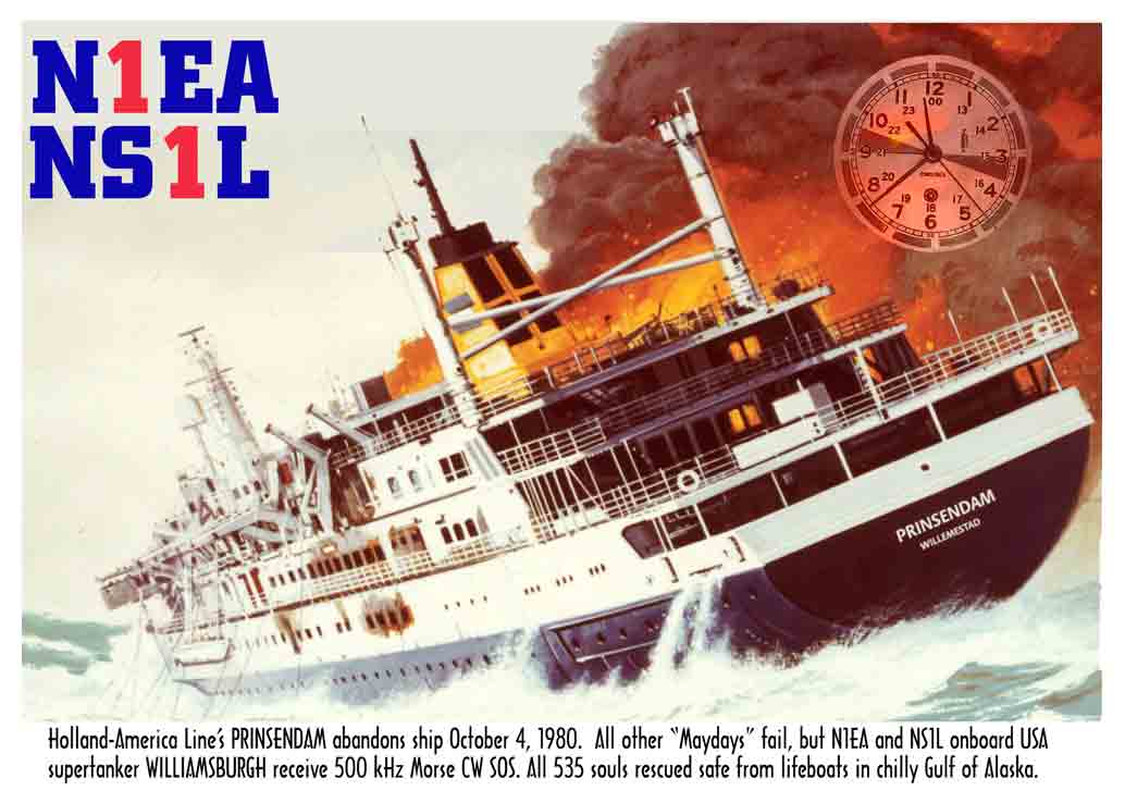 Image of QSL card with
          burning ship ms Prinsendam