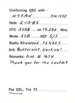 QSO Contact Info/back of Card