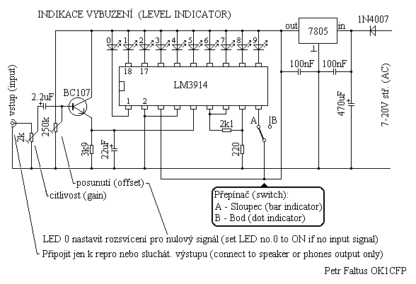 Schema indikátoru vybuzení s LM3914 (level indicator circuit with LM3914)