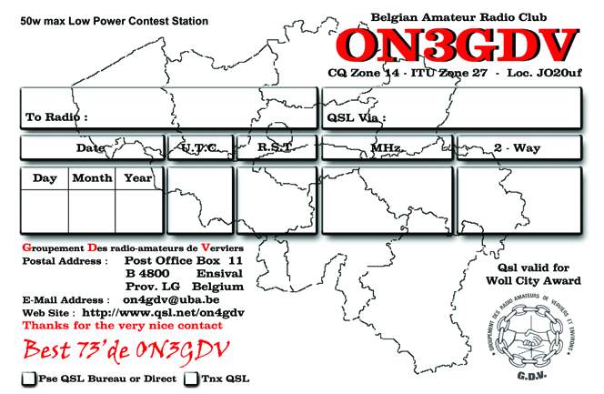 Verso of ON3GDV QSL