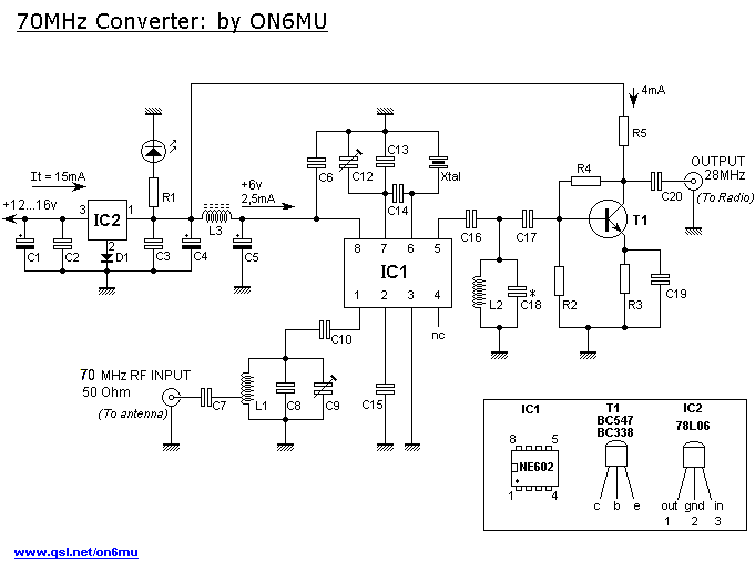 Homemade 70 Mc converter project: schematic of a SA602/NE602 based converter for 4-meterband to 10-meterband