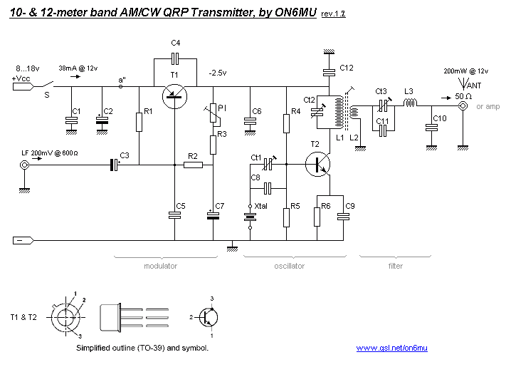Schematic for the QRP 10- and 12 meter band HF transmitter / oscillator