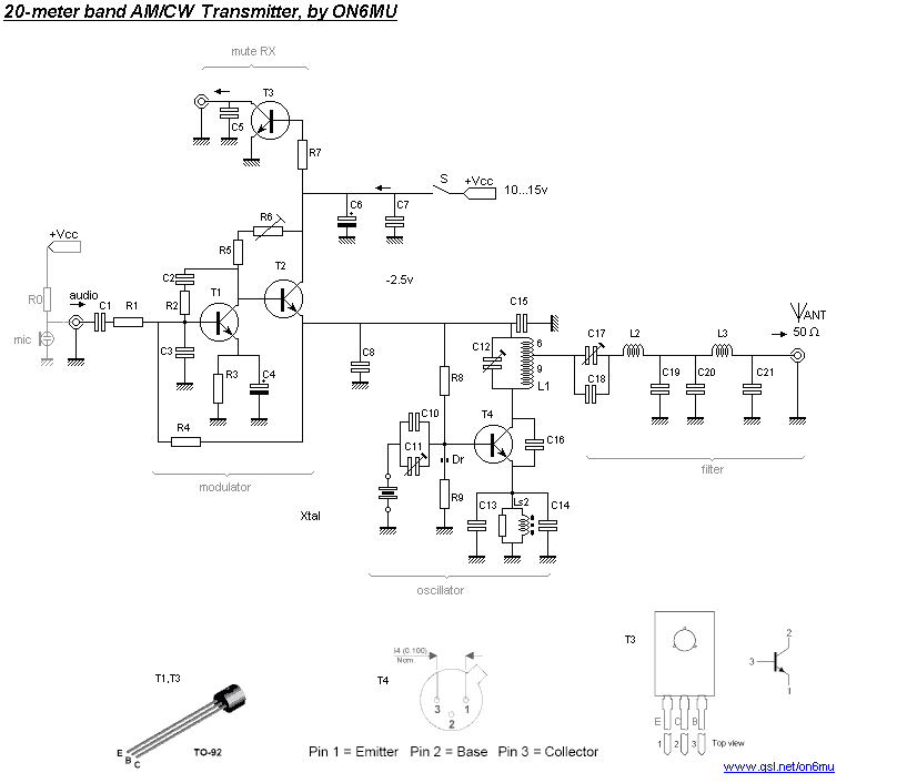 Schematic for the QRP 20 meter band 14MHz HF transmitter / oscillator