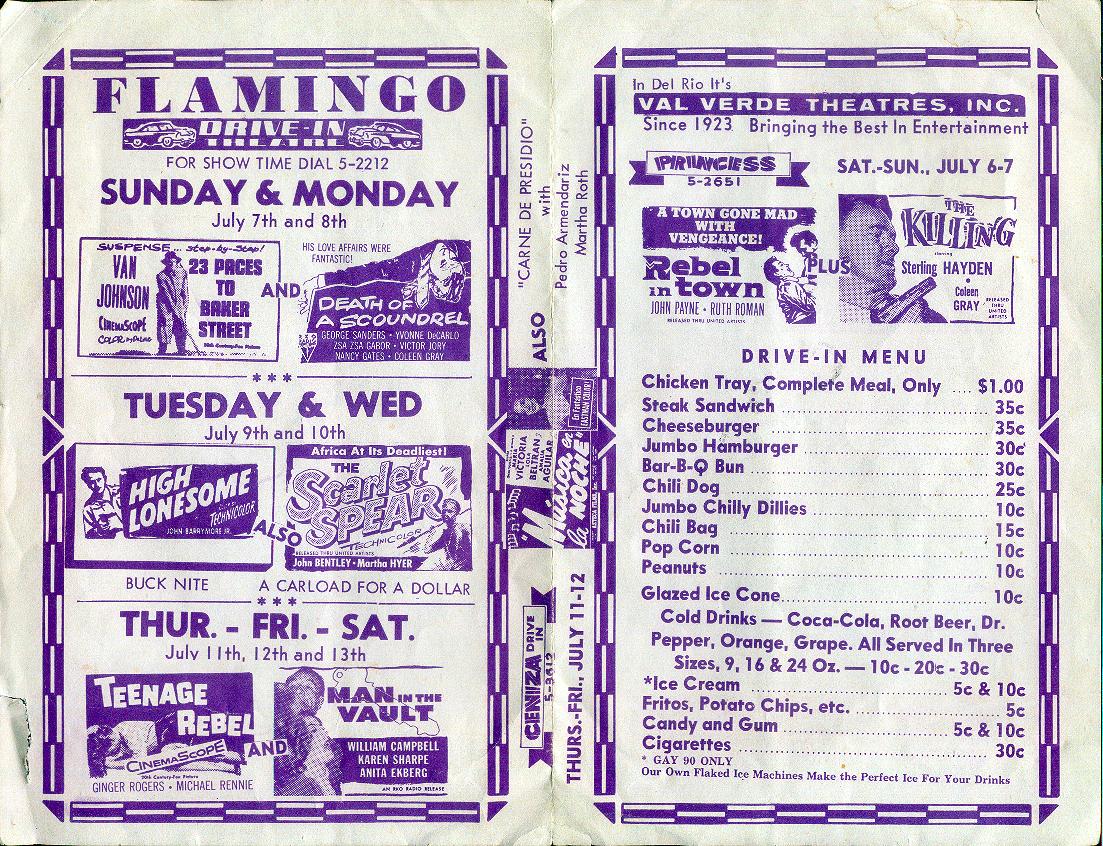 Movie Schedule for the Flamingo Drive-IN, Del Rio, TX - Jul 1957
