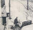 SNOWY SCENE at Derby Line. Commander Gatty  purchased the Farmall Cub two years ago for clearing roads and for general utility. Mrs. Gatti is at left.
