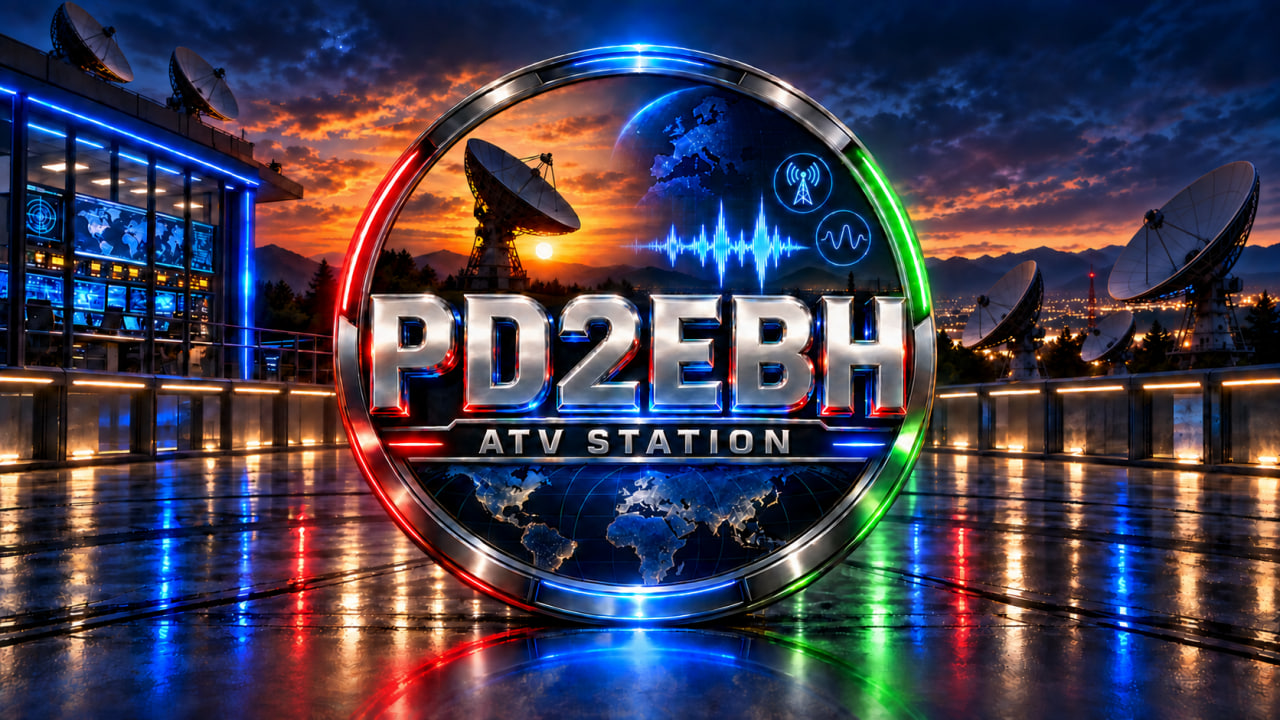 PD2EBH ATV Station emblem surrounded by satellite dishes and a technical control room