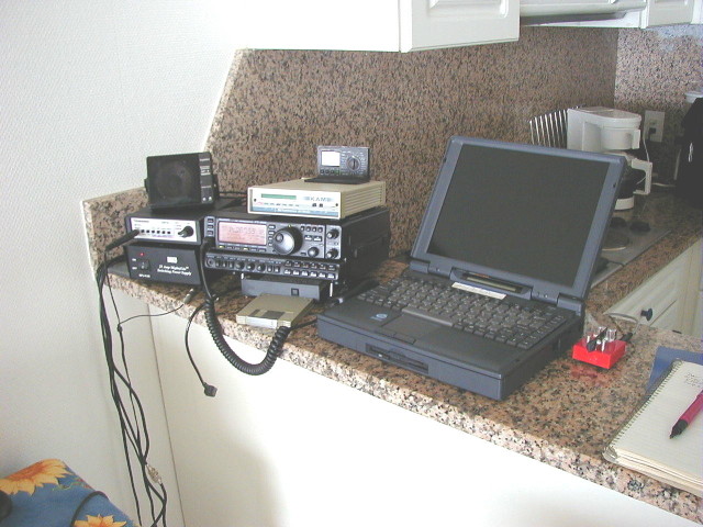 Ham shack of PJ8/W8EB on kitchen counter top for the year 2000