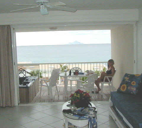 Photo from condo over looking Saba with Dorothy drinking morning coffee