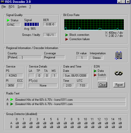 RDSDec 3.0 screenshot of KONO-FM, 101.1, Helotes, TX