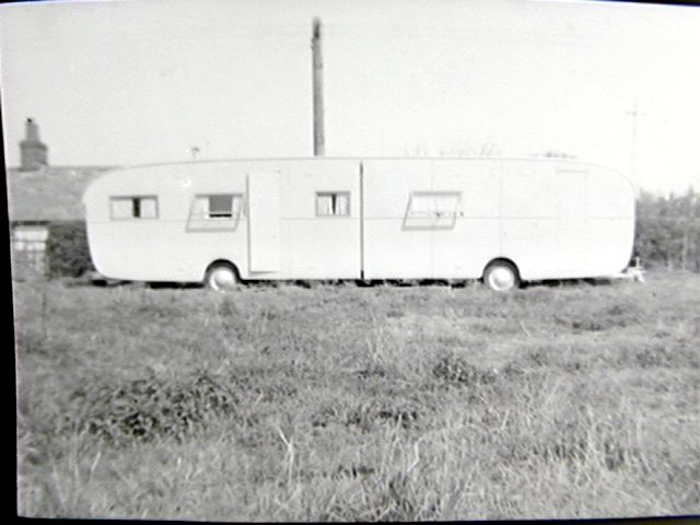 1952 b-w photo of our 33' house trailer in Botesdale, Suffolk