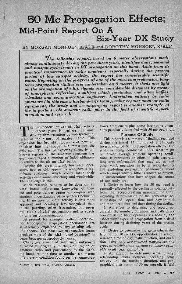 50 Mc Propagation Effects; Mid-Point Report On a Six-Year DX Study, June 1962 CQ, Page 37