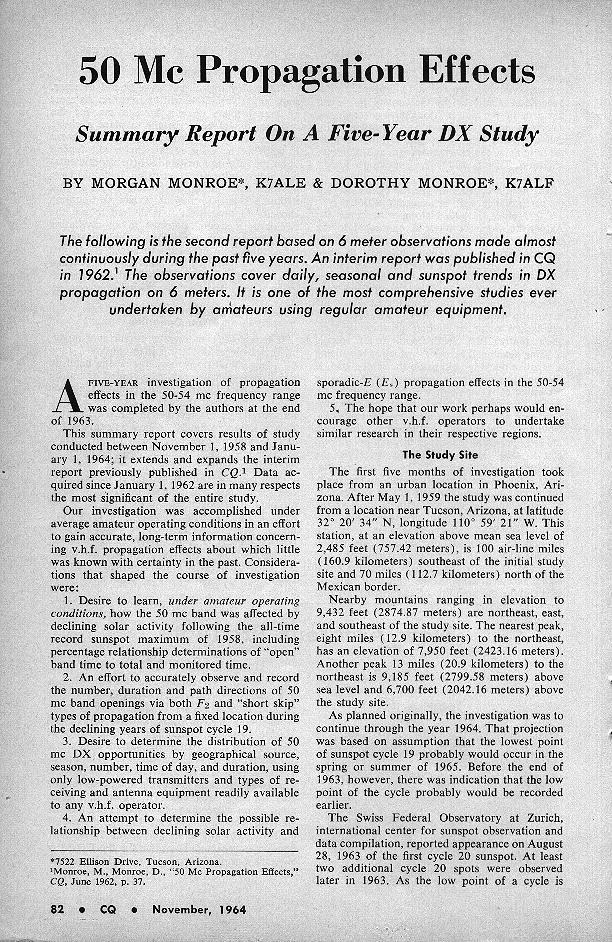 50 Mc Propagation Effects - Summary Report On a Five-Year DX Study, November 1964 CQ, Page 82