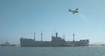 Picture of the SS Red Oak Victory coming to dock.
