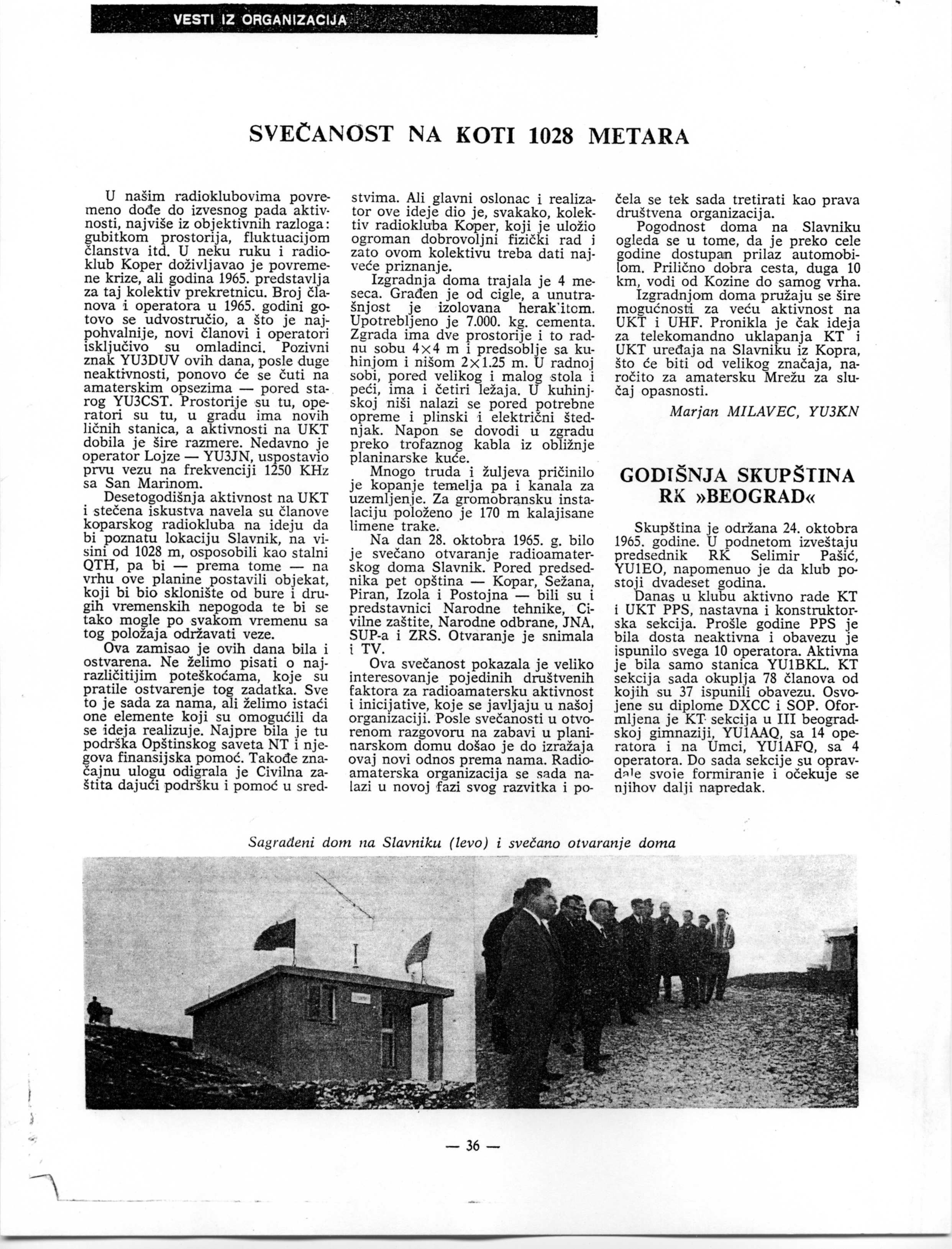 Članek o otvoritvi koče na Slavniku v "Radioamaterju" - 1965