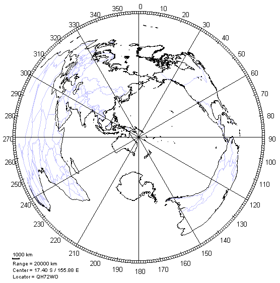 Great Circle Map centred on Mellish Reef