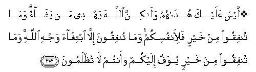 It is not required of thee (O Apostle), to set them on the right path, but Allah sets on the right path whom He pleaseth. Whatever of good ye give benefits your own souls, and ye shall only do so seeking the Face of Allah. Whatever good ye give, shall be rendered back to you, and ye shall not Be dealt with unjustly. Holy Quran - 2:272
