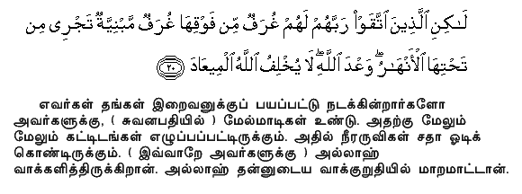 But it is for those who fear their Lord. That lofty mansions, one above another, have been built: beneath them flow rivers (of delight): (such is) the Promise of Allah: never doth Allah fail in (His) promise. Holy Quran - 39:20