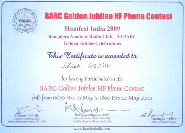 BARC HF Phone Contest Certificate