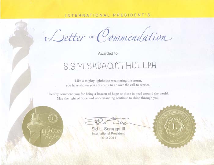 Lion International President Award presented to me on 4th Feb 2011 at Chennai for donating blood regularly over a long period of time. Lion Award received from the hands of PDG Lion LKS. Syed Ahmed Haji