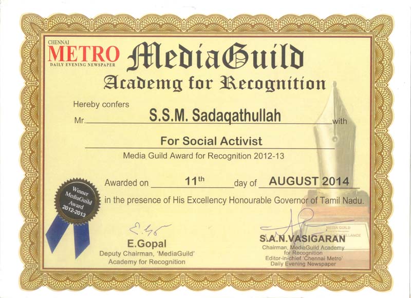 Media Guild Award Certificate.