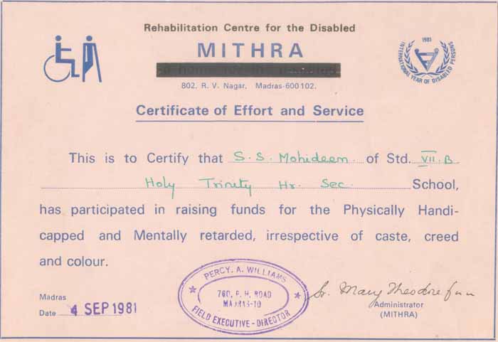 I received certificate for social service in my school days