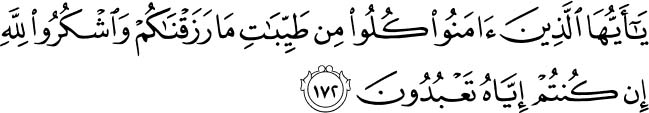 O you who have believed, eat from the good things which We have provided for you and be grateful to Allah if it is [indeed] Him that you worship. Holy Quran 2:172