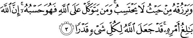 And He provides for him from (sources) he never could imagine. And if any one puts his trust in Allah, sufficient is (Allah) for him. For Allah will surely accomplish his purpose: verily, for all things has Allah appointed a due proportion. Holy Quran - 65:3