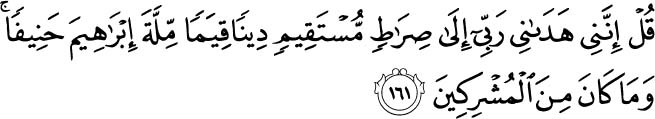 'My Lord has guided me to a Straight Path, an upright religion, the creed of Abraham, he was upright, not from the idolaters. Holy Quran - 2:161