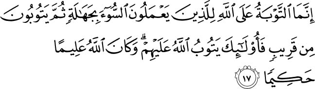 The repentance accepted by Allah is only for those who do wrong in ignorance [or carelessness] and then repent soon after. It is those to whom Allah will turn in forgiveness, and Allah is ever Knowing and Wise. Holy Quran - 4:17