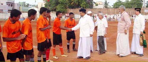 Chief Guest Janab.Abdur Rahman, MP escorted by USC President Haji Pallack Lebbai and IUML State Secretary Haji Abubacker on 16-05-2010 at USC Playground