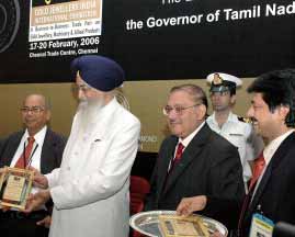 Gold Jewellery India International exhibition at Chennai Trade Centre on February 20, 2006. H.E.Surjit Singh Barnala, Governor of Tamil Nadu, L.K.S. Syed Ahamed, President, Madras Jewellers and Diamond Merchants Association.