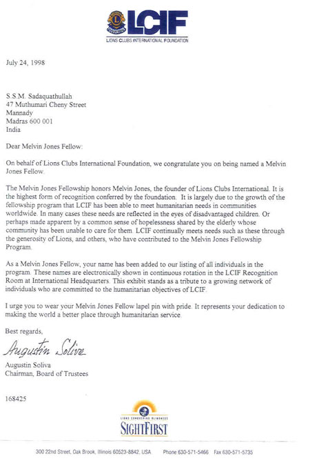 MJF Award Letter Received From Lions Clubs International Headquarter, USA