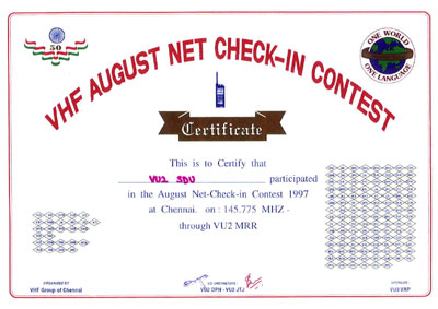 VHF Contest Certificate